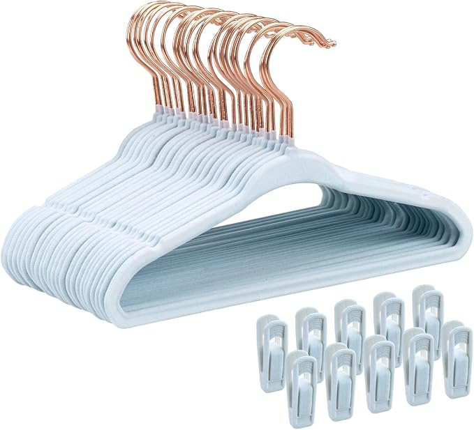 Tonswachic Baby Hangers 50 Pack - 11 Inch Premium Velvet Non Slip Kids Hanger for Infant & Toddler Clothes - 0.2" Ultra Thin Baby Closet Hangers with 10 Hanger Clips - Blue by TonswachicHangersSpaceSaver