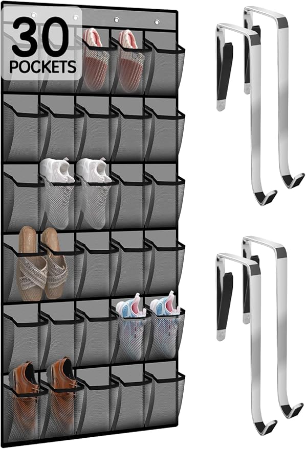 Kotkn Over the Door Shoe Organizer with 30 Breathable Mesh Pockets - Large Capacity Closet Storage for Men & Women, Hanging Shoe Rack Organizer (Gray) by Unknown