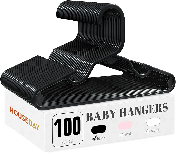 HOUSE DAY Baby Hangers 100 Pack - Durable Plastic Infant & Kids Clothes Hangers, Thin Compact Space-Saving Design for Nursery/Children's Closet, Toddler Small Hangers Black (Infant/Baby/Toddler/Kids) by HOUSEDAY