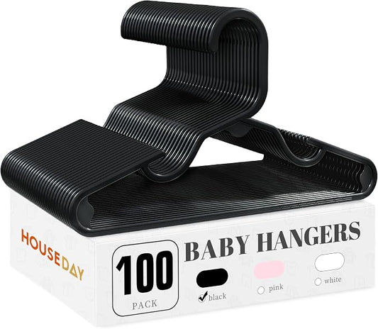 HOUSE DAY Baby Hangers 100 Pack - Durable Plastic Infant & Kids Clothes Hangers, Thin Compact Space-Saving Design for Nursery/Children's Closet, Toddler Small Hangers Black (Infant/Baby/Toddler/Kids) by HOUSEDAY