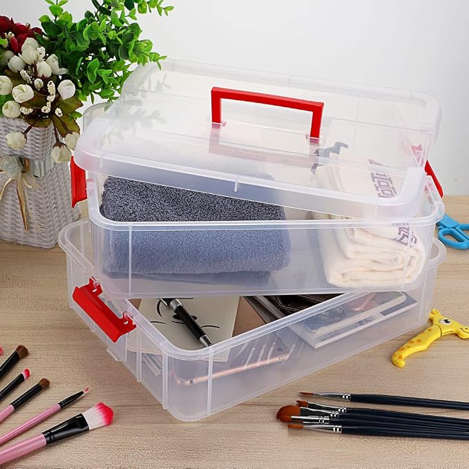 JUXYES 2-Tiers Stack Carry Storage Box With Handle, Transparent Stackable Storage Bin With Handle Lid Latching Storage Container for School & Office Supplies (Red) - Image 7