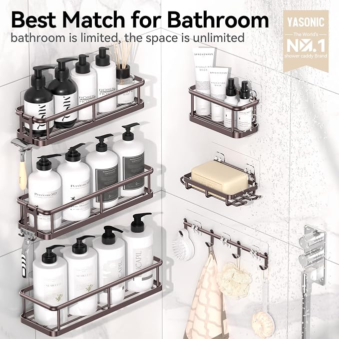 YASONIC Shower Caddy, 6 Pack Large Capacity shower Organizer with Soap Holder and 12 Hooks, Rustproof Shelves for Inside Shower, No Drilling&Sleek Bathroom Organizers and Storage Bronze XL - Image 2