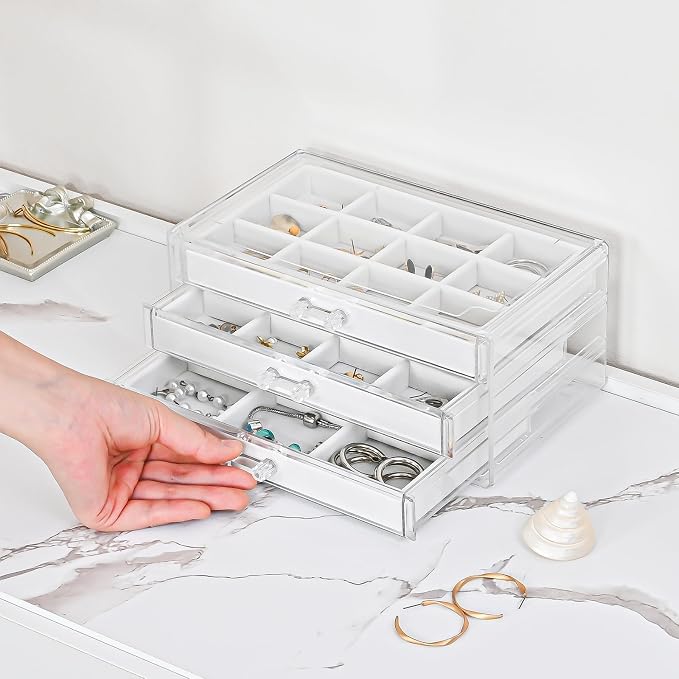 ProCase Earring Holder Organizer Jewelry Box with 3 Drawers, Acrylic Clear Earring Case with Adjustable Velvet Trays for Women - Warmwhite, 3 Layers - Image 3
