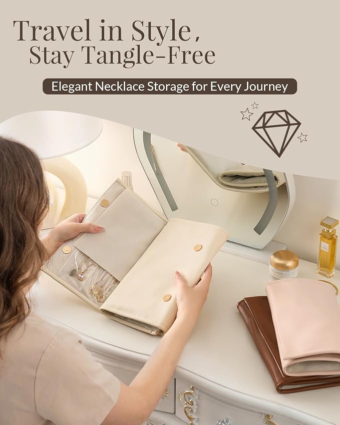 Lolalet Travel Necklace Organizer, Tangle-Free Necklace Case for Travel, Leather Foldable Roll Up Jewelry Storage Bag for Necklaces Chains Bracelets, Mothers Day Gift - Image 2