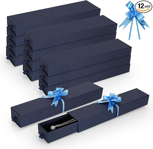 12-Pack Drawer Style Jewelry Gift Boxes with Sponge Insert, 8.7"x1.8"x1.2" Necklace & Bracelet Display Box for Presentation, Cardboard Storage Organizer for Pendant, Ring, Earring - Navy Blue by MATUFF