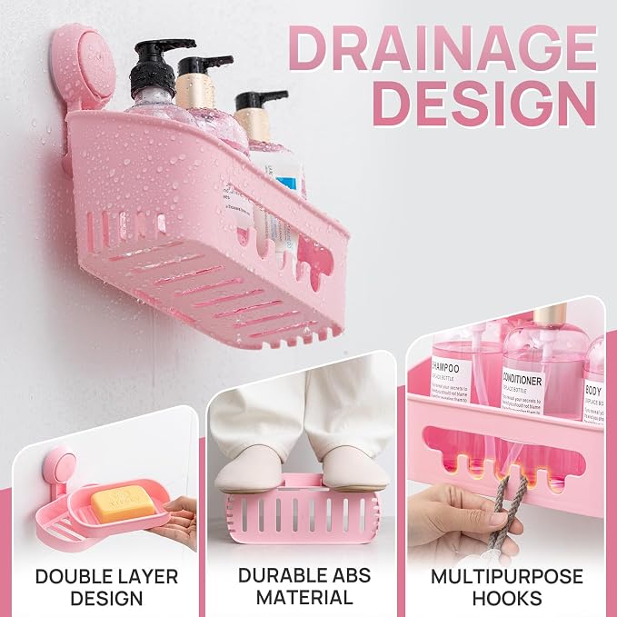 LEVERLOC Shower Caddy Suction Cup Set Shower Organizer & Soap Holder & Toothbrush Holder, Bathroom Shelf Basket NO-Drilling, Removable Suction Storage Waterproof Bathroom Caddy, Pink - Image 7