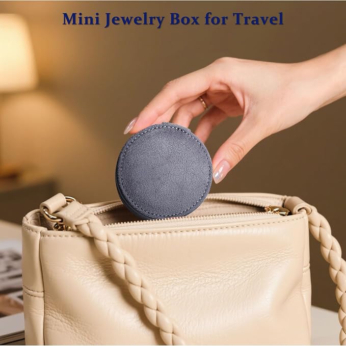 CONBOLA Travel Jewelry Case Small Jewelry Box for Women Girls,Round Velvet Mini Jewelry Travel Organizer,Portable Jewelry Box for Rings Earrings Necklaces Bracelets.(Grey,Small) - Image 2