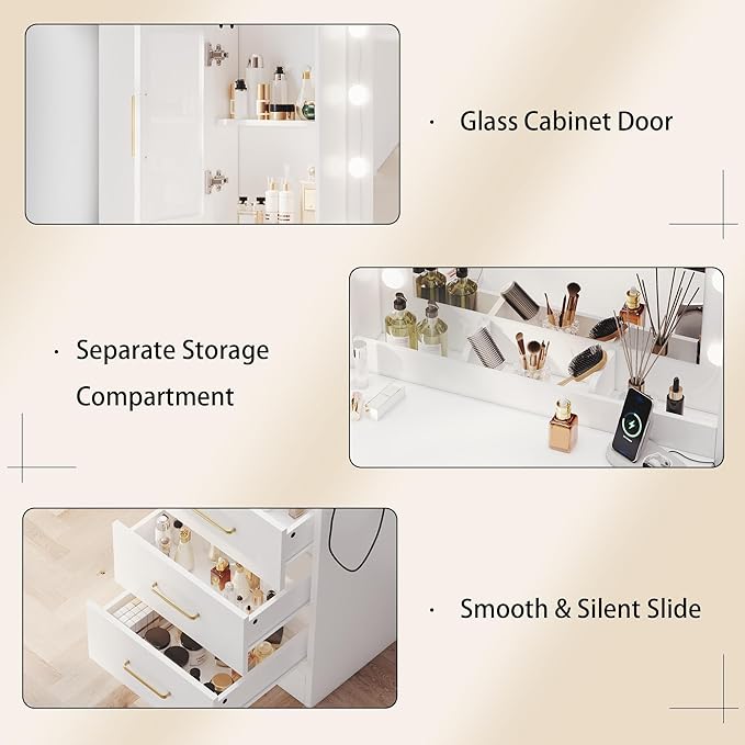 UGTOO Makeup Vanity Desk with Mirror and Lights, 51.2" Makeup Vanity with Lights & Charging Station, Dressing Table Vanity Set for Bedroom, White Vanity Table with 6 Drawers and 3 Cabinet