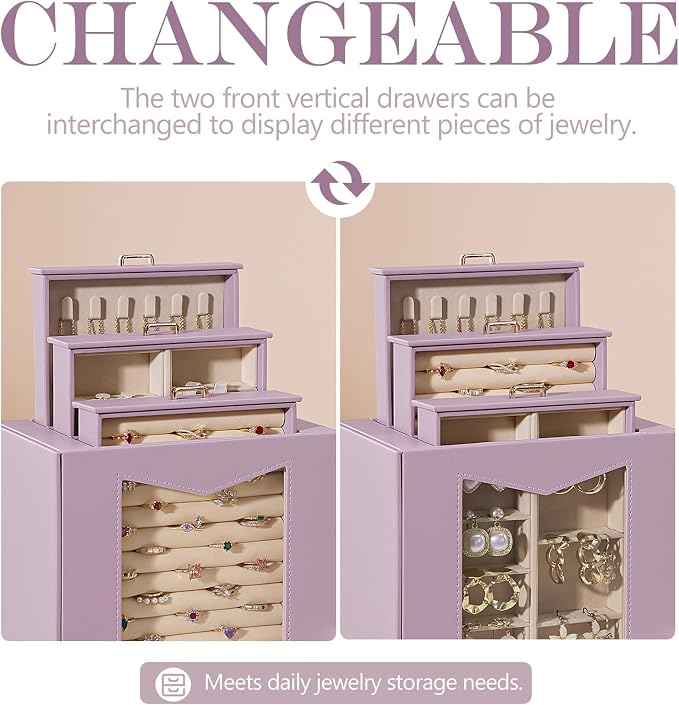 Homde Jewelry Organizer with Transparent Window Necklace Hooks Gift for Women Jewelry Box Display Case for Necklaces Rings Earrings Bracelets and Other Accessories (Grey Purple) - Image 3