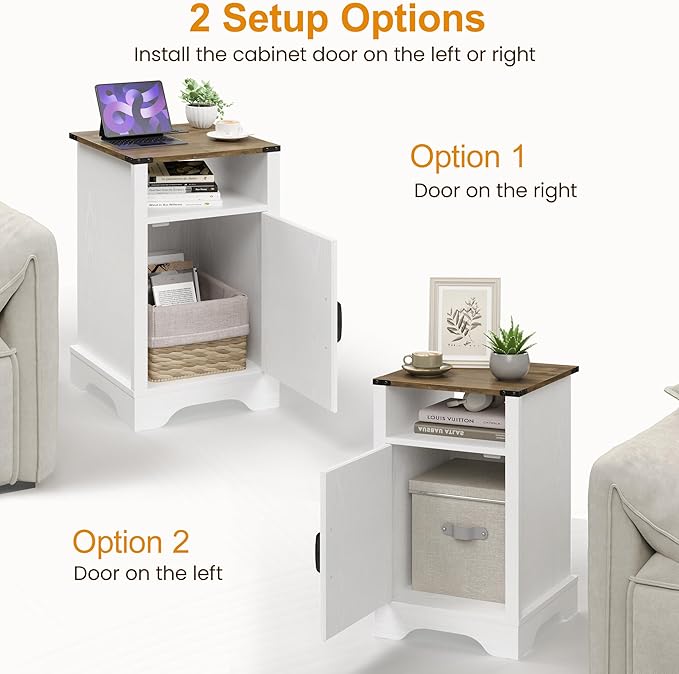 RoyalCraft 25" Tall LED Nightstands with Charging Station, Farmhouse Nightstand for Bedroom, Wooden Rustic Side Table, White End Table with Storage, White and Rustic Oak