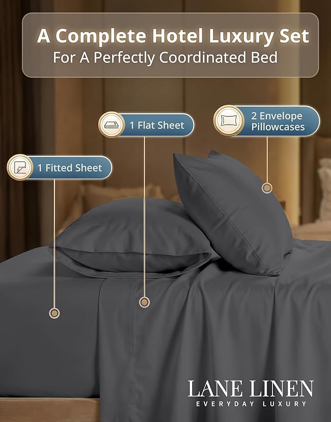 LANE LINEN 100% Cotton King Size Sheets Set 600 Thread Count, Ultra Soft Mercerized Cotton Luxury Sateen Weave King Bed Sheets with Fully Elasticized 15" Deep Pockets – Graphite Grey