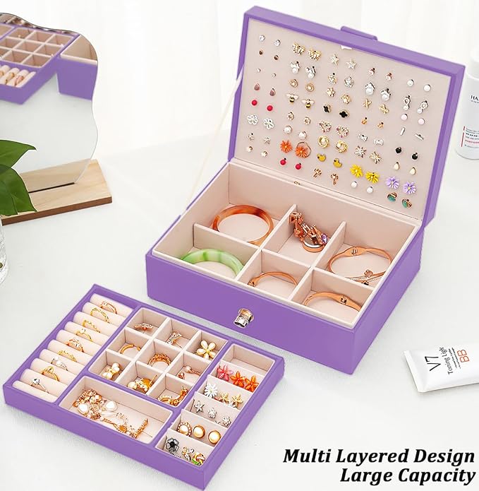 Earrings Jewelry Box for Girls, Large Capacity Jewelry Organizer with 40-Pair Earring Board, 2-Layer Leather Jewelry Storage Box for Necklaces Rings Bracelets with Removable Tray(Gift Idea),Purple - Image 2