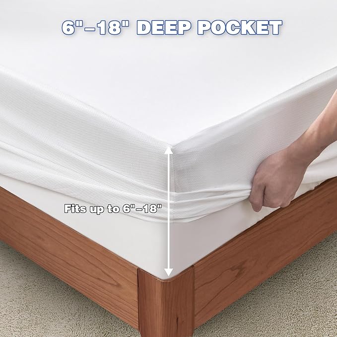 Full Mattress Protector, Waterproof Mattress Cover with 18" Deep Pocket Bed Cover, Fitted Sheet Style Noiseless Breathable Machine Washable, White (54"x76")
