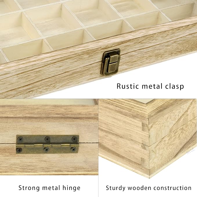 Mooca Wooden Display Storage Case with Tempered Glass Lid for Jewelry and Beads with 18 Compartments Tray, Oak Color, 15" W x 8 3/4" D x 2" H - Image 5