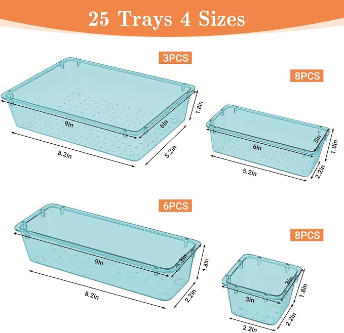 SpaceHacks 25 PCS Plastic Drawer Organizer Set, 4-Size Versatile Organizer Trays & Storage Bins for Makeup, Jewelry, and Gadgets in Bathroom, Bedroom and Office, Sea Blue - Image 2