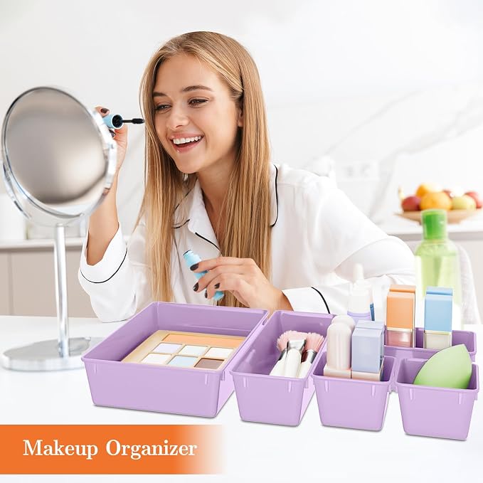 SpaceHacks 25 PCS Plastic Drawer Organizer Set, 4-Size Versatile Organizer Trays & Storage Bins for Makeup, Jewelry, and Gadgets in Bathroom, Bedroom and Office, Purple - Image 5