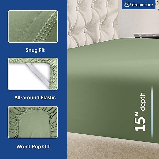 DREAMCARE King Size Sheets Set - 6 pcs Breathable Cooling Bed Sheets - up to 15" Deep Pocket King Sheet Set with Side Pockets - Extra Soft 100% Brushed Hypoallergenic Hotel Luxury Bedding - S Green