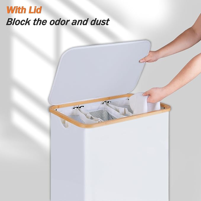 efluky Laundry Hamper with Lid, Double Laundry Hamper with 2 Removable Bags, 2 Section Laundry Basket with Bamboo Handles for Bathroom, Bedroom & Laundry Room (White, 160L Trio) - Image 3