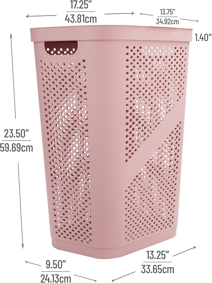 Mind Reader Slim Laundry Hamper with Lid, 60L Clothes Basket, Ventilated Plastic, Pink - Image 3