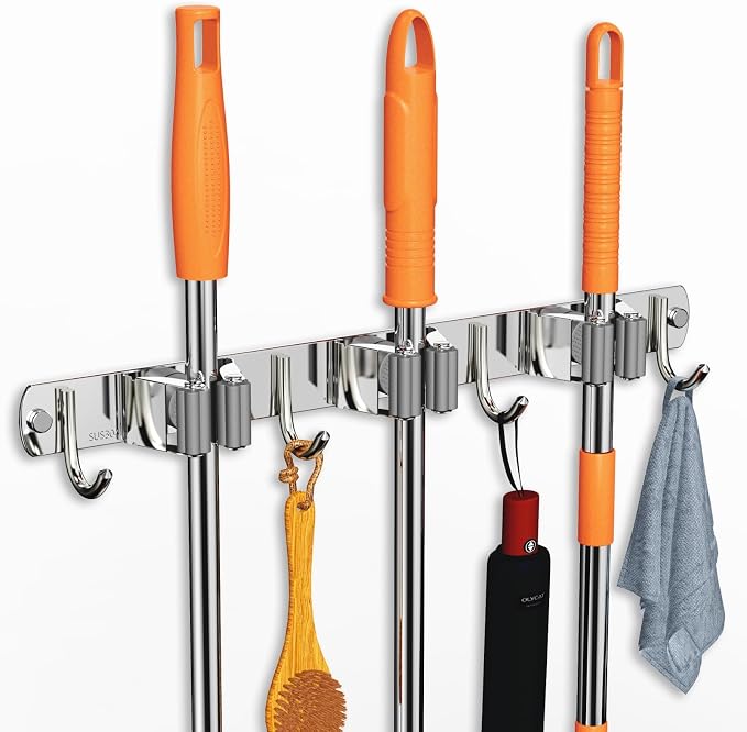 CUXIXA Mop and Broom Holder Wall Mount, Upgraded Broom Organizer Wall Mount, Stainless Steel Broom Hanger Wall Mount for Home Kitchen Garden Laundry Garage (3 Racks with 4 Hooks) by CUXIXA