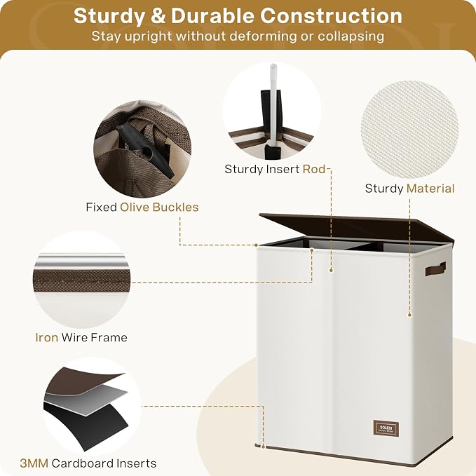 SOLEDI Luxury Double Laundry Hamper with Lid and Removable Bags, Large Hamper for Laundry, Laundry Basket 2 Sections, Collapsible Ditry Clothes Hamper for Bedroom, Laundry Room, Bathroom, Off-white - Image 6
