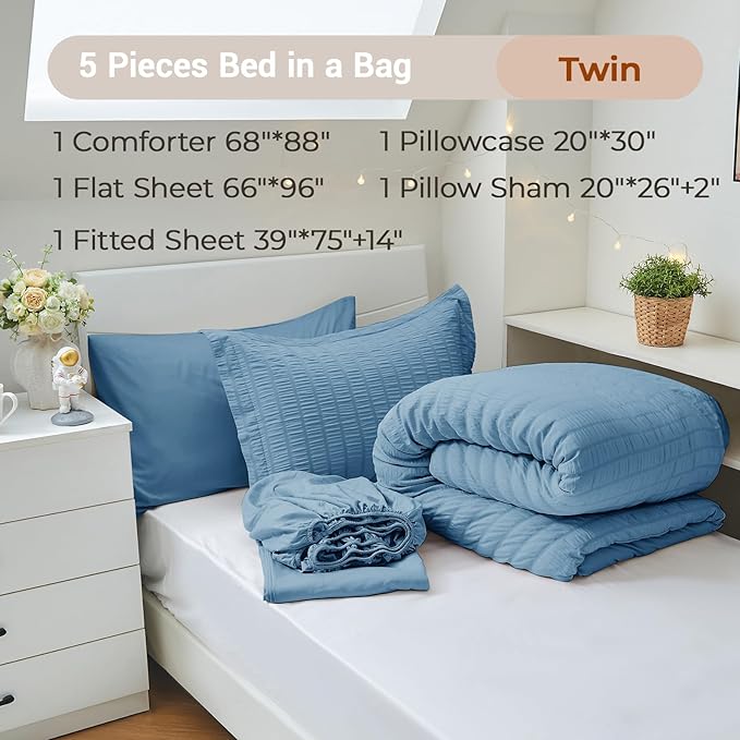 MUXHOMO 5 Pieces Twin Comforter Set, Seersucker Bed in a Bag Twin Size, All Season Luxury Bedding Set with Comforter, Flat Sheet, Fitted Sheet, Pillowcase & Sham, Mineral Blue