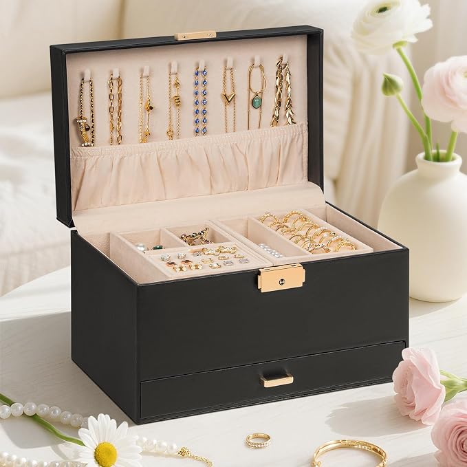 AKOZLIN Travel Jewelry Box Organizer Functional 2-trays Leather Jewelry Storage Case with Lockable Portable Drawer for Women Girls Ring Necklace Earring Bracelet - Image 5