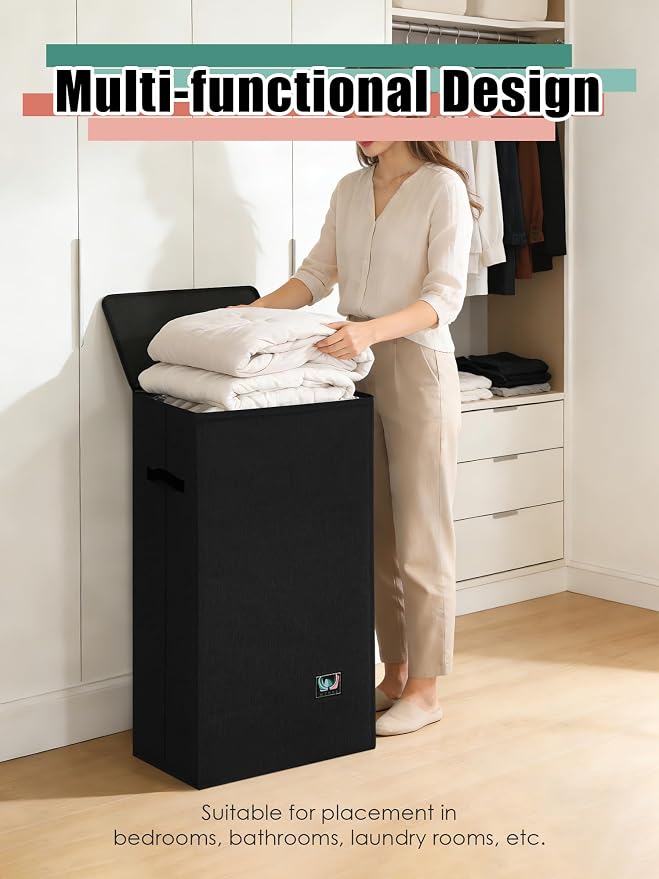 WTREE Laundry Hamper with Lid, Reinforced Sturdy Clothes Hamper with Anti-Puncture Base, Large Collapsible Laundry Basket with Removable Liner Bag, Tall Dirty Clothes Bin for Family, 100L Black - Image 6