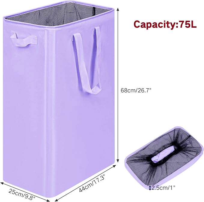 efluky Slim Laundry Basket, Narrow Laundry Hamper with Handles, Collapsible Dirty Clothes Hamper, Tall Laundry Bin for Laundry Room, Dorm and Bedroom, 19.8 Gallon (75L) Light Purple - Image 2
