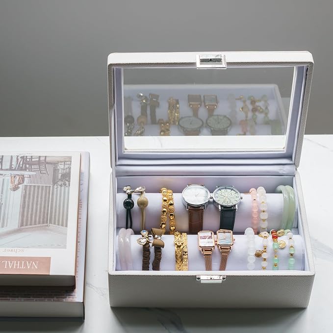 Bracelets Organizer Rods Bangles Display Holder, Clear See through Lid Leather Velvet Jewelry Storage Box Case for Women, 2 Rods White Leather - Image 8