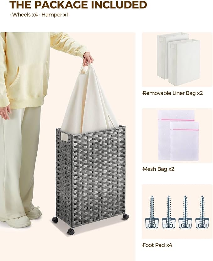 Greenstell Laundry Hamper with Wheels, 11.9 Gallon (45L) Small Clothes Hamper with 2 Removable Liner Bags & 2 Mesh Bags, Slim Rattan Laundry Basket for Bathroom, Bedroom, Grey - Image 3