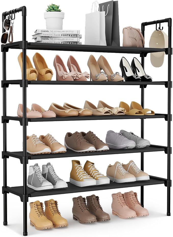 LANTEFUL 5 Tier Shoe Rack for Closet Shoe Organizer with 5 Hooks, Long Shoe Shelf Storage for Shoe and Boot Stackable Free Standing Shoe Rack for Entryway, Garage, Small Spaces, Dorm, Black by LANTEFULforTidyingHouse