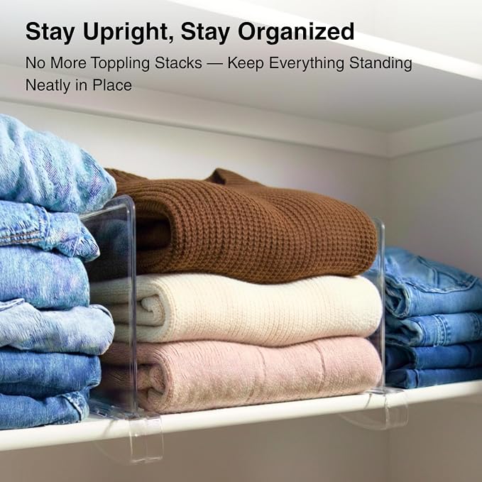 SortNStore Shelf Dividers Purse Organizer for Closet: 16-Pack Acrylic Bag Storage Organizer for Handbags, Clutches, Clothes, Sweater, Towel on Wood Shelves - Image 2