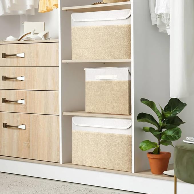 Bagnizer Large 42 Quarts Fabric Storage Bins with Lids [2-Pack] Linen Collapsible Foldable Baskets, Closet Organizer Containers boxes with Handles for Home Office (16.7 x 12 x 12, Beige & White) - Image 7