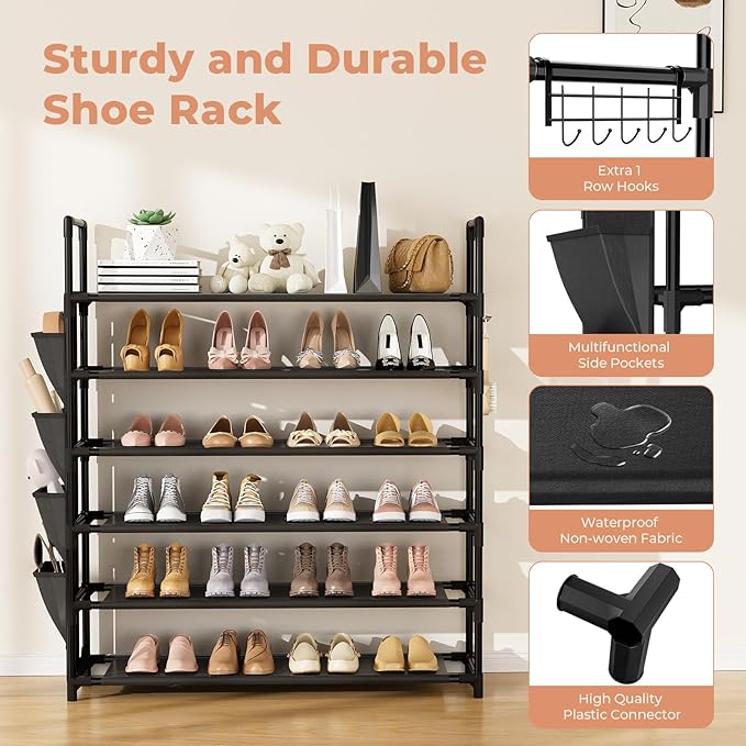 LANTEFUL 6 Tier Shoe Rack, Shoe Organizer Storage for 24-30 Pairs Shoe and Boot, Long Shoe Shelf with Hook and Side Pocket Free Standing Tall Shoe Rack Organizer for Closet, Entryway, Dorm - Image 4