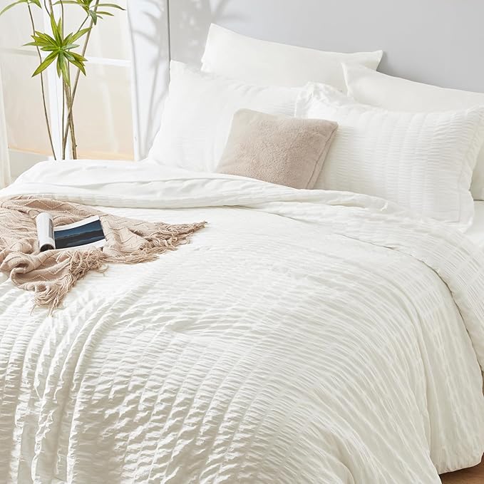 CozyLux King Size Comforter Set Ivory Seersucker 7 Pieces Bed in a Bag King Comforter Set with Sheets, Luxury Soft Bedding Sets with Down Alternative Comforter, Sheets, Pillowcases & Shams All Seasons