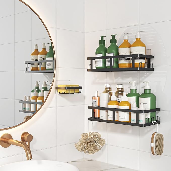 Youvip Shower Caddy Adhesive,No Drill Bathroom Organizer with Soap Holder,Large Capacity Rustproof Shelves for Inside Shower,Bathroom Organizers and Storage,Black - Image 6