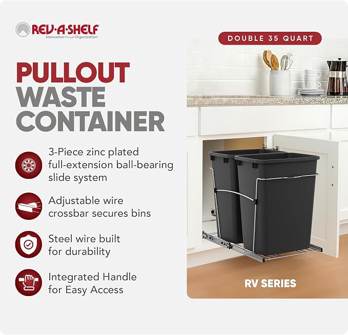 Rev-A-Shelf RV-18KD-18C S Double Pullout Trash Can for Kitchen Cabinets 35 Qt Garbage Recycling Bin on Full Extension Slides, Black - Image 2