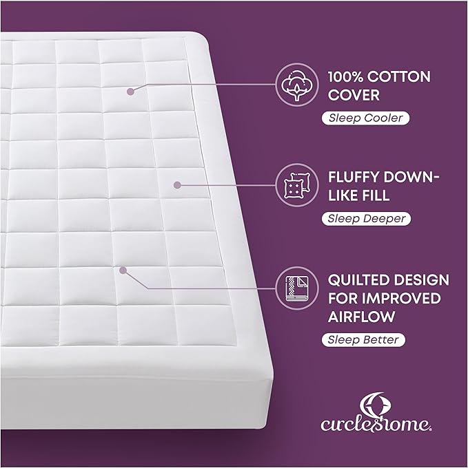 CirclesHome Full XL Size Mattress Pad Pillow Top - 100% Cotton Top Ultra - Plush Down Alternative Mattress Protector - 200 Thread Count - Stretches from 14-16 inches for Snug Fit