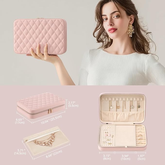 Lolalet Travel Jewelry Case for Women Girls, Travel Jewelry Organizer Box with Mirror & Clear Storage Bag, Small Portable Earring Necklace Bracelet Ring Case, Birthday Valentine Gifts -Large, Pink - Image 6