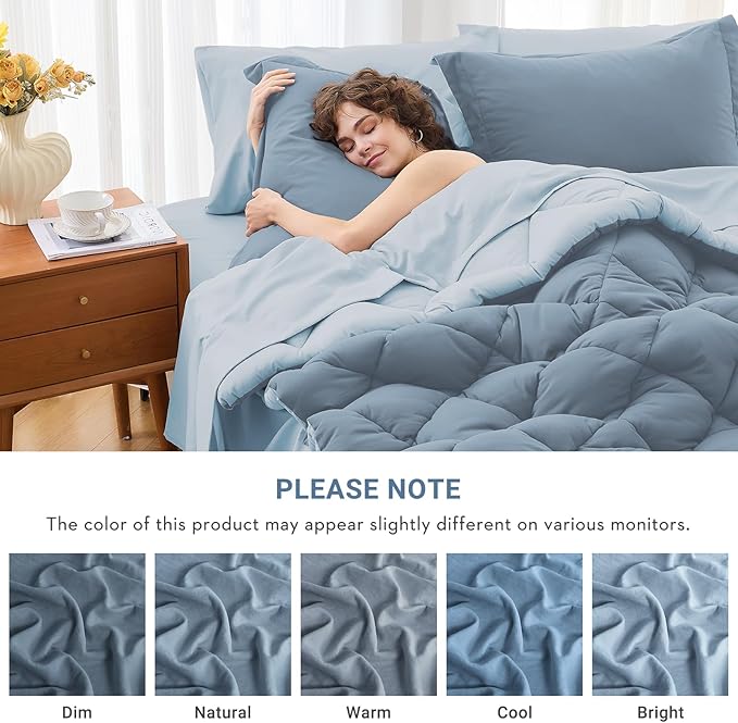 MUXHOMO 5 Pieces Twin Comforter Set, Reversible Bed in a Bag Twin Size, All Season Bedding Set with Comforter, Flat Sheet, Fitted Sheet, Pillowcases & Shams, Mineral Blue & Light Blue