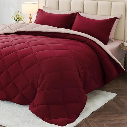 MUXHOMO 7 Pieces California King Comforter Set, Reversible Bed in a Bag Cal King Size, All Season Bedding Set with Comforter, Flat Sheet, Fitted Sheet, Pillowcases & Shams, Burgundy & Rose Gold