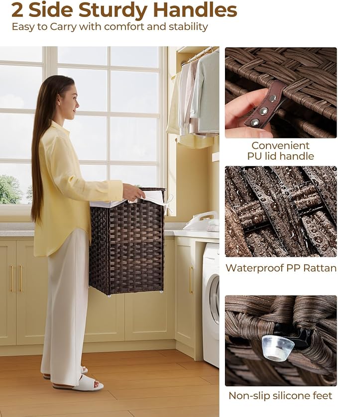 Greenstell Laundry Hamper with Lid, 60L Clothes Hamper with 2 Removable Liner Bags & 2 Mesh Laundry Bags, Handwoven Synthetic Rattan Laundry Basket for Clothes, Toys in Bathroom, Bedroom Brown - Image 3