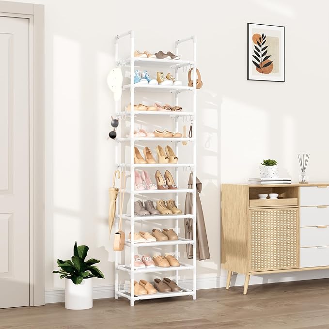 VTRIN 10 Tiers Tall Shoe Rack Holds 20-25 Pairs of Shoes Sturdy Vertical Shoe Organizer with 18pcs Hooks Stackable Narrow Shoe Rack for Closet, Entryway White - Image 2