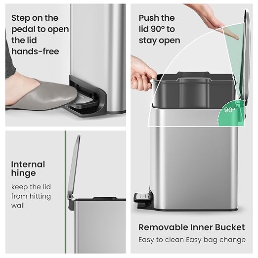 Cesun Small Bathroom Trash Can with Lid Soft Close, Step Pedal, 6 Liter / 1.6 Gallon Stainless Steel Mini Garbage Can for Office, Outdoor Trash Bin with Removable Inner Bucket (Silver) - Image 4