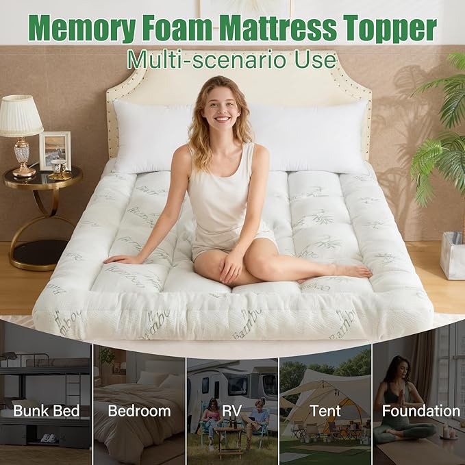WhatsBedding 5 Inch Memory Foam Mattress Topper Queen Size for Back Pain Relief, with Cooling Breathable Bamboo Viscose Air Layer, Soft Pillow Top Mattress Topper, 80x60x5in