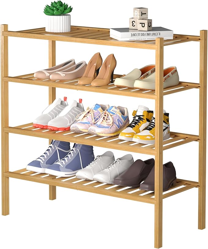 ROMGUAR CRAFT 4 Tier Bamboo Shoe Rack for Closet Free Standing Wood Shoe Shelf for Entryway Small Space Stackable 27"x11"x26" (Natural) by ROMGUAR+CRAFT