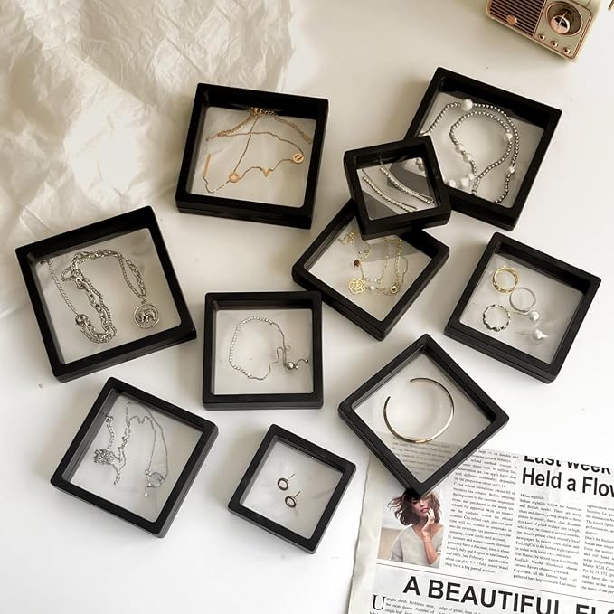 12PCS 3D Floating Frame Display Stand, Jewelry Box, Gift Box, Ornament Organizer, Small Travel Jewelry Box, PE Film Anti-Oxidation, Suspended Display Box Stackable (Black, 4.33 * 4.33) - Image 4
