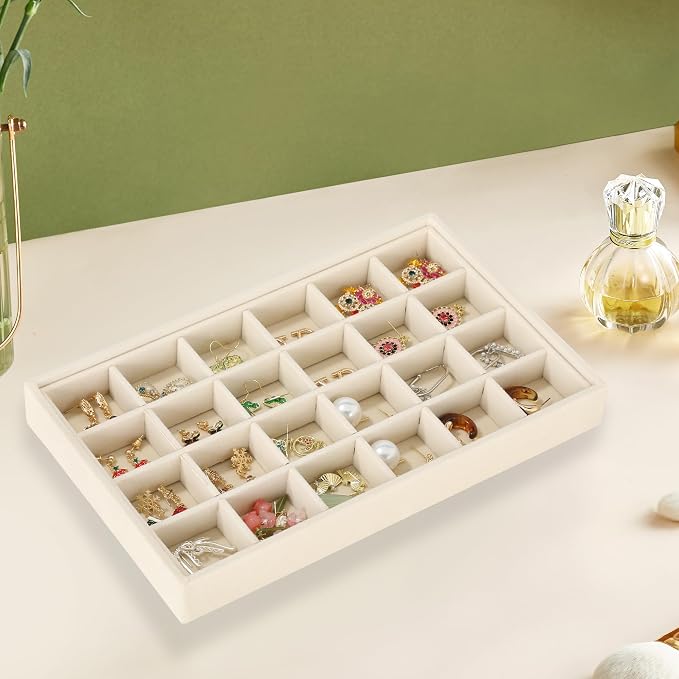 Frebeauty 24 Grid Earring Holder Organizer Tray, Jewelry Organizers and Storage for Drawer,Velvet Jewelry Display Storage for Earrings,Rings,Studs,10.5 x 6.5 x 1.2 Inches Gift for Women (Beige) - Image 2