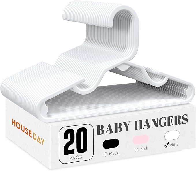 HOUSE DAY Plastic Baby Hangers for Closet 20 Pack, Durable Plastic Kids Hangers for Baby Clothes, Thin & Compact Childrens Hangers, Space Saving White Baby Hanger, Small Hanger for Kids Clothes by HOUSEDAY